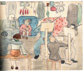 Konzert in der Unterkunft, Zeichnung von Helga Weissova