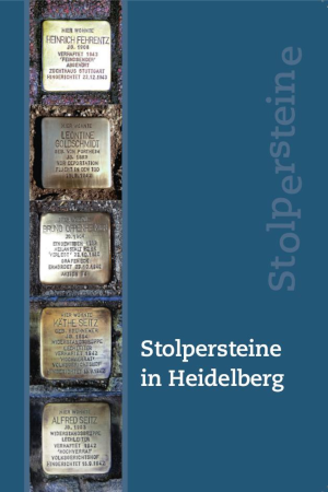 Buchcover Stolpersteine in Heidelberg:  Blau, mit einem Band von
	Stolpersteinen am rechten Rand